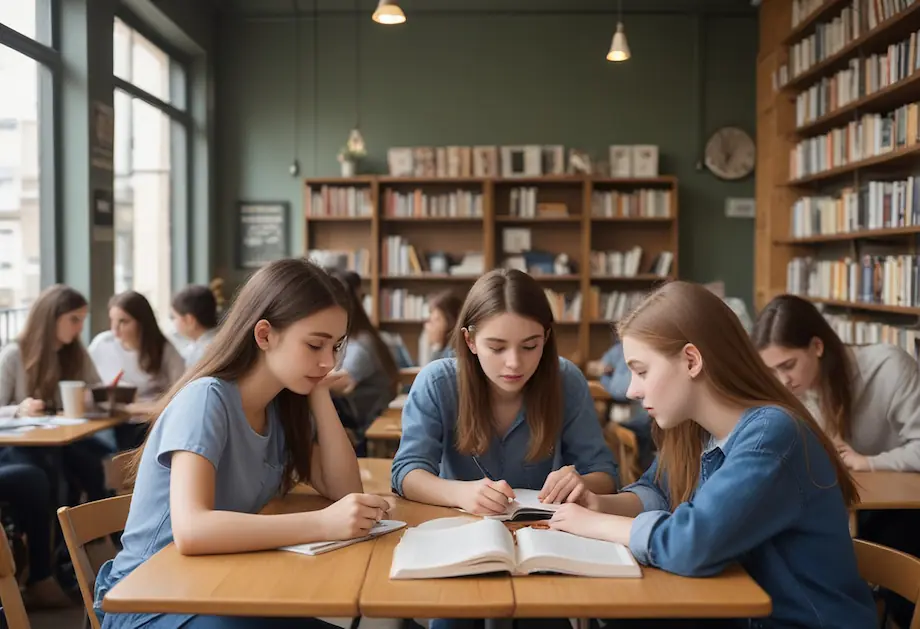 group-girls-are-sitting-table-one-them-is-reading-book